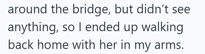 around the bridge, but didn't see anything, so I ended up walking back home with her in my arms.