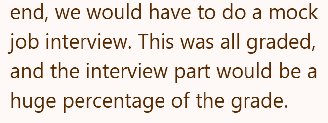 end, we would have to do a mock job interview. This was all graded, and the interview part would be a huge percentage of the grade.
