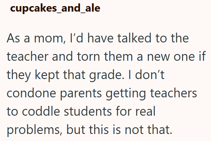 cupcakes_and_ale As a mom, I'd have talked to the teacher and torn them a new one if they kept that grade. I don't condone parents getting teachers to coddle students for real problems, but this is not that.