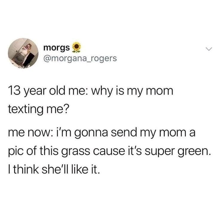 morgs @morgana_rogers 13 year old me: why is my mom texting me? me now: i'm gonna send my mom a pic of this grass cause it's super green. I think she'll like it.