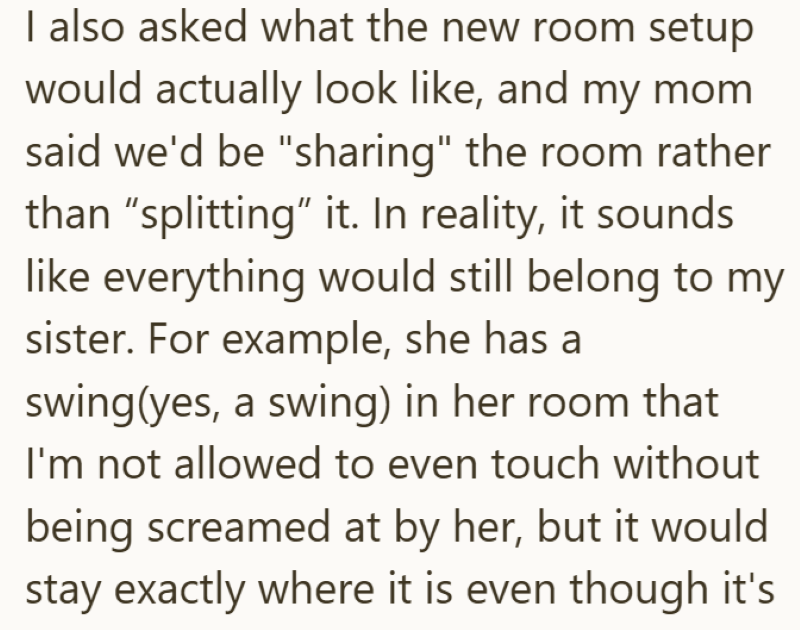 I also asked what the new room setup would actually look like, and my mom said we'd be "sharing" the room rather than "splitting" it. In reality, it sounds like everything would still belong to my sister. For example, she has a swing(yes, a swing) in her room that I'm not allowed to even touch without being screamed at by her, but it would stay exactly where it is even though it's