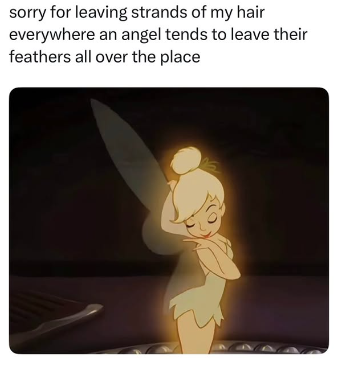 sorry for leaving strands of my hair everywhere an angel tends to leave their feathers all over the place