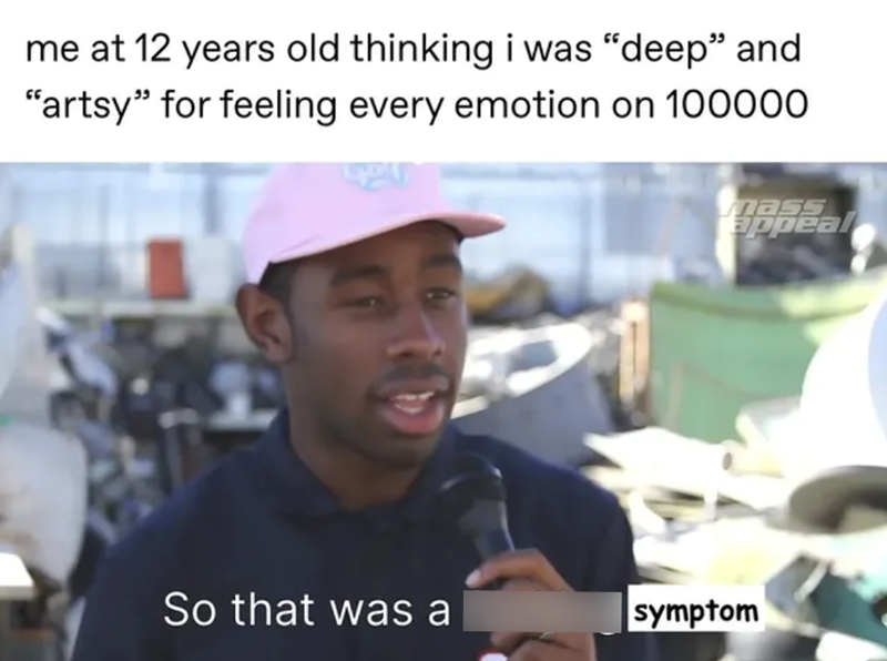me at 12 years old thinking i was "deep" and "artsy" for feeling every emotion on 100000 mass appeal So that was a symptom