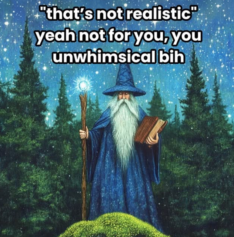 "that's not realistic" yeah not for you, you unwhimsical bih