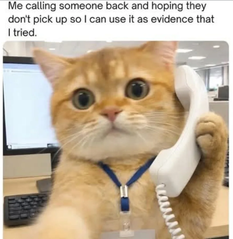 Me calling someone back and hoping they don't pick up so I can use it as evidence that I tried.