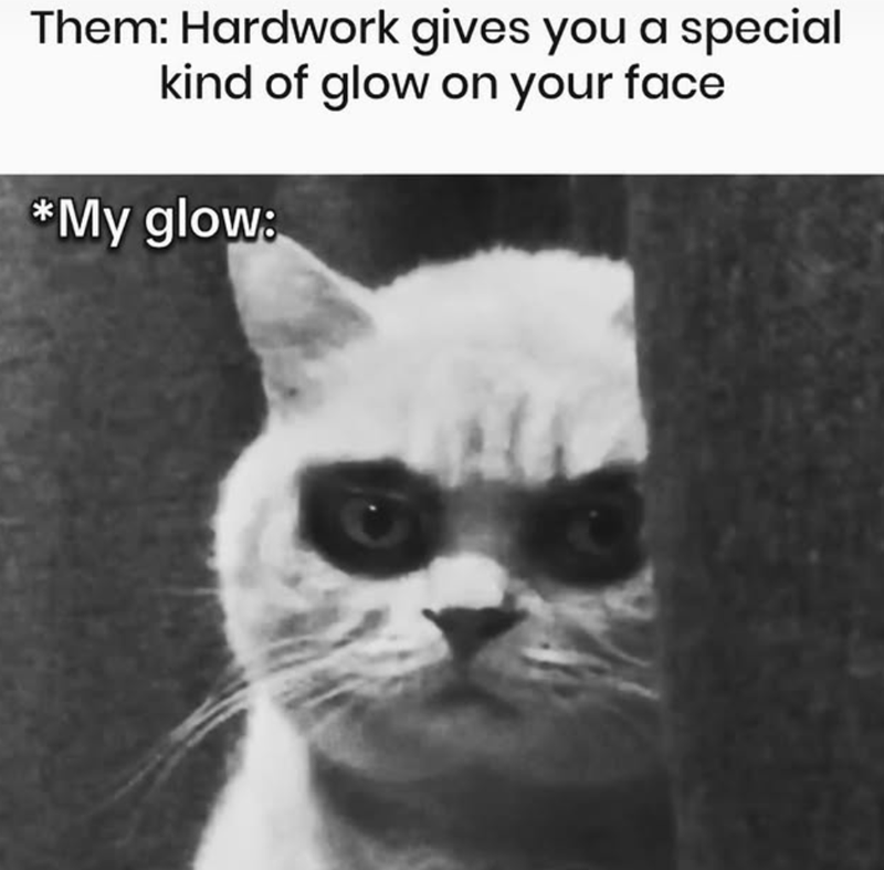 Them: Hardwork gives you a special kind of glow on your face *My glow: