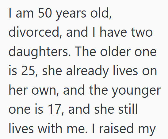 I am 50 years old, divorced, and I have two daughters. The older one is 25, she already lives on her own, and the younger one is 17, and she still lives with me. I raised my