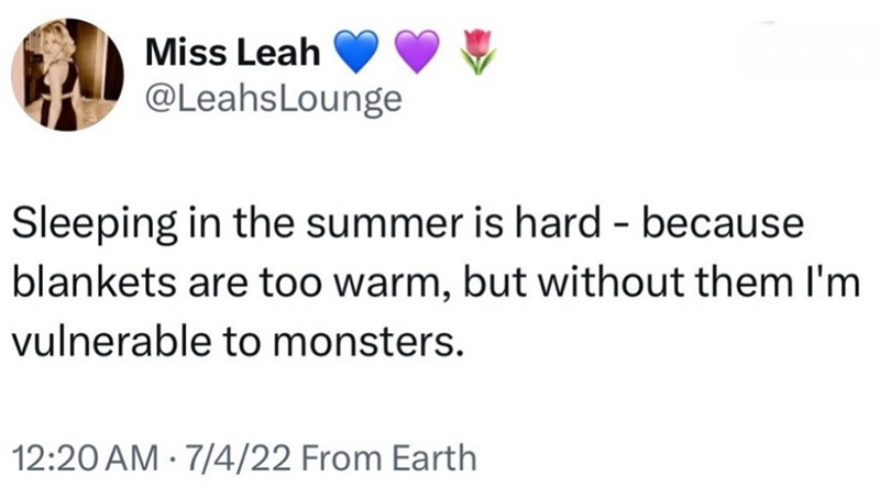 Miss Leah @LeahsLounge Sleeping in the summer is hard - because blankets are too warm, but without them I'm vulnerable to monsters. 12:20 AM 7/4/22 From Earth