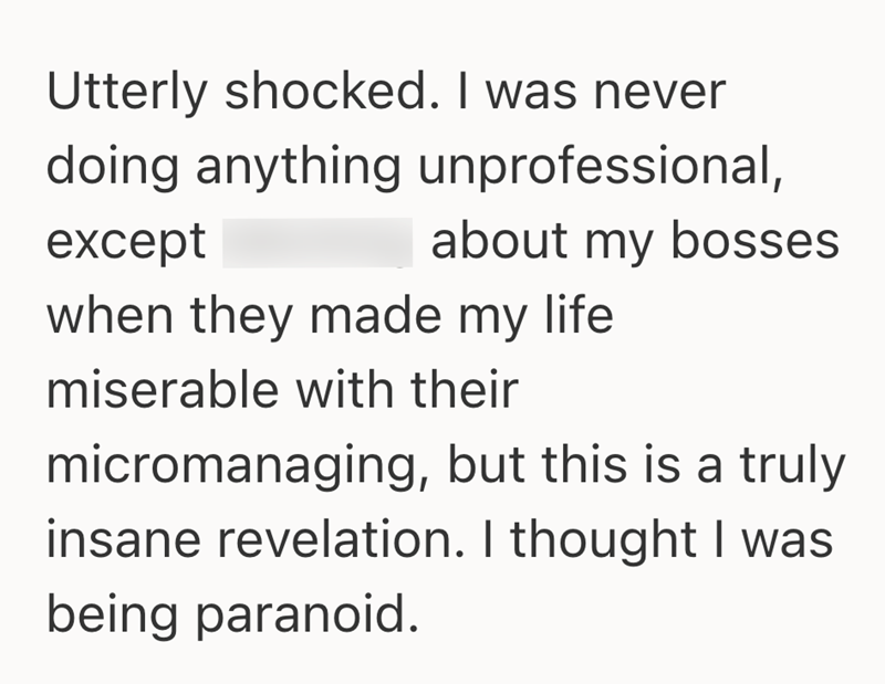 Utterly shocked. I was never doing anything unprofessional, except about my bosses when they made my life miserable with their micromanaging, but this is a truly insane revelation. I thought I was being paranoid.