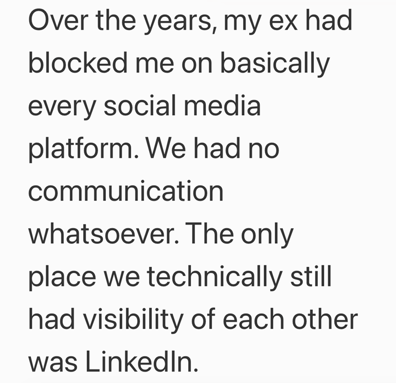 Over the years, my ex had blocked me on basically every social media platform. We had no communication whatsoever. The only place we technically still had visibility of each other was LinkedIn.