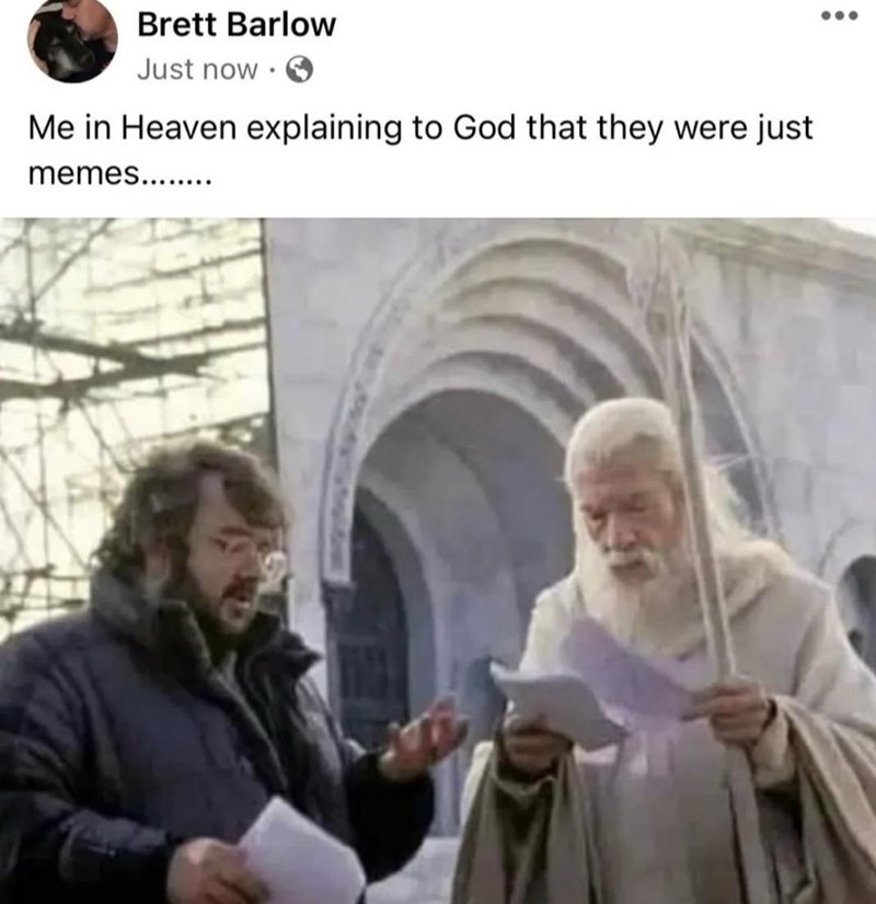 Brett Barlow Just now . Me in Heaven explaining to God that they were just memes........