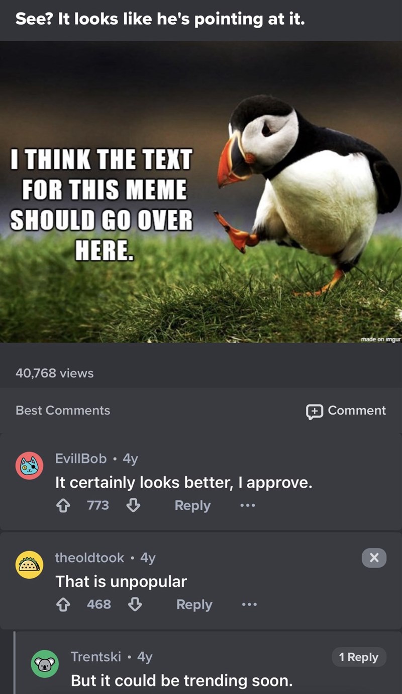 See? It looks like he's pointing at it. I THINK THE TEXT FOR THIS MEME SHOULD GO OVER HERE. 40,768 views Best Comments made on imgur + Comment EvillBob • 4y It certainly looks better, I approve. ↑ 773 Reply • theoldtook ⚫ 4y That is unpopular ↑ 468 ⇓ Reply Trentski • 4y But it could be trending soon. × 1 Reply