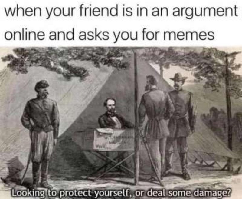 when your friend is in an argument online and asks you for memes Looking to protect yourself, or deal some damage?