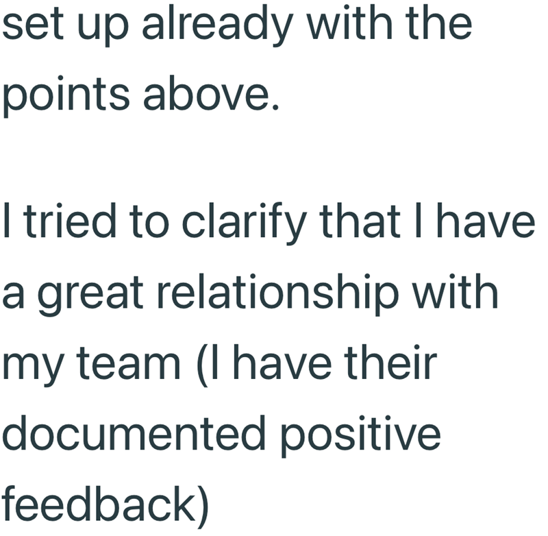 set up already with the points above. I tried to clarify that I have a great relationship with my team (I have their documented positive feedback)