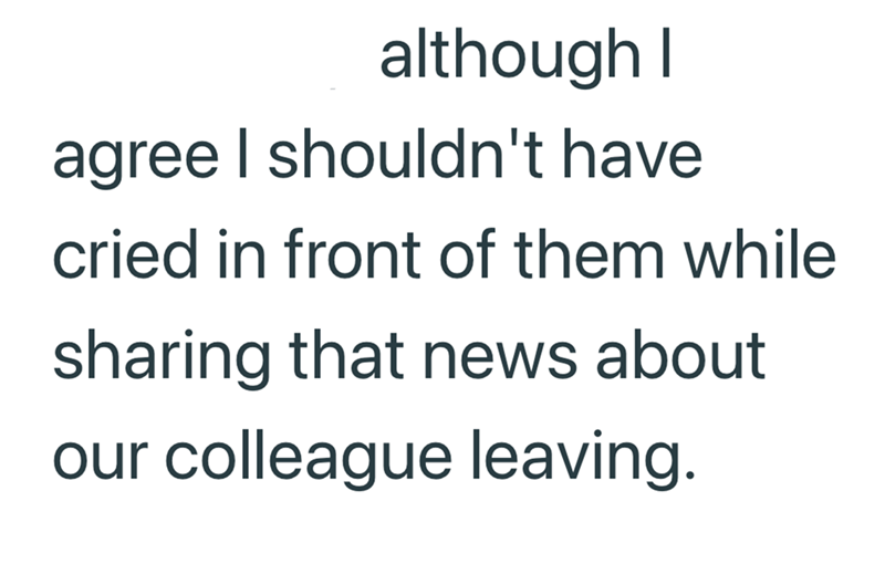 although I agree I shouldn't have cried in front of them while sharing that news about our colleague leaving.