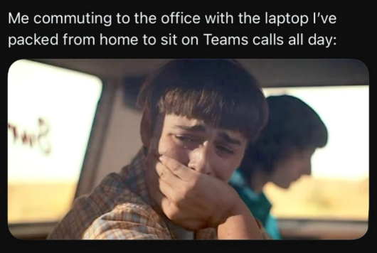 Me commuting to the office with the laptop I've packed from home to sit on Teams calls all day: