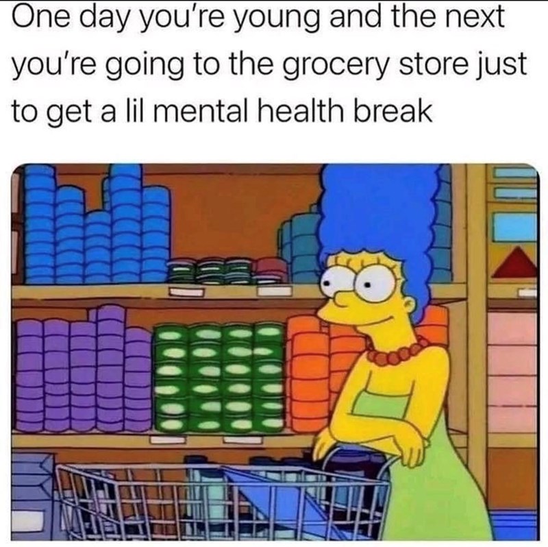 One day you're young and the next you're going to the grocery store just to get a lil mental health break