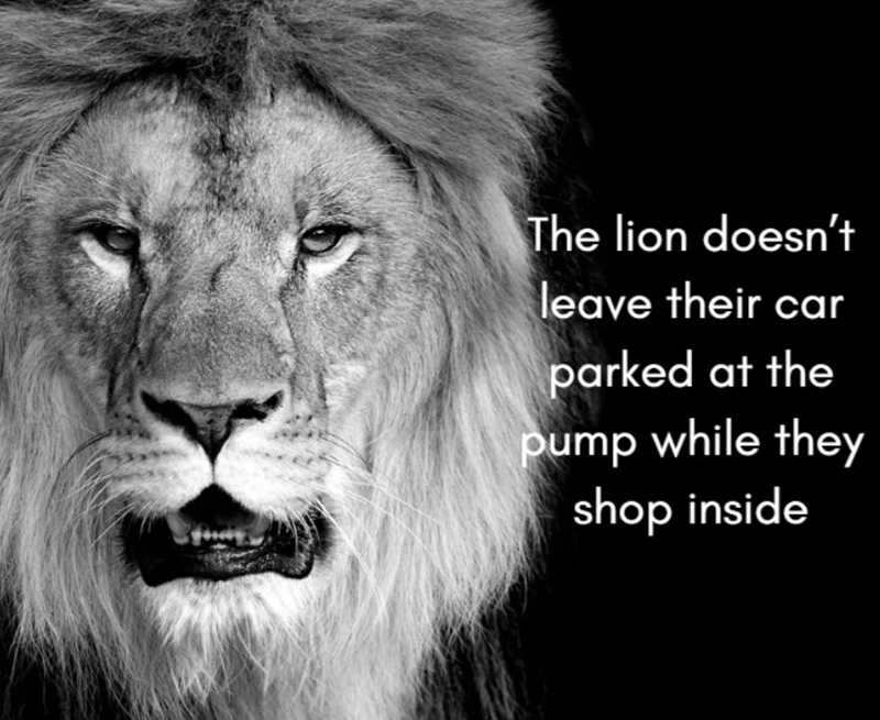 The lion doesn't leave their car parked at the pump while they shop inside