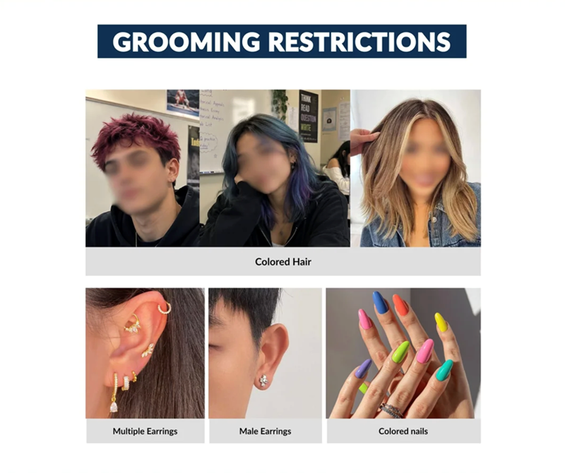 GROOMING RESTRICTIONS torical Appeals ess Essay READ torical Analys Lot 2 practice QUESTION o WHITE Colored Hair Multiple Earrings Male Earrings Colored nails