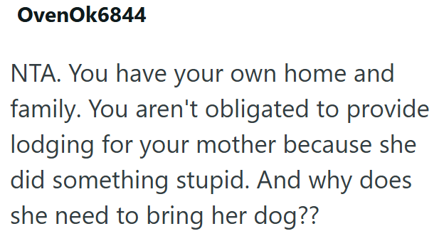 Oven Ok6844 NTA. You have your own home and family. You aren't obligated to provide lodging for your mother because she did something stupid. And why does she need to bring her dog??