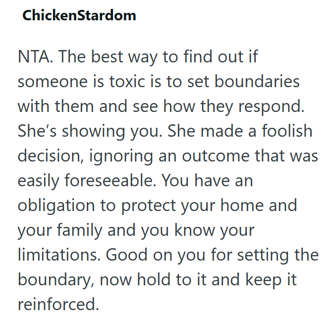 ChickenStardom NTA. The best way to find out if someone is toxic is to set boundaries with them and see how they respond. She's showing you. She made a foolish decision, ignoring an outcome that was easily foreseeable. You have an obligation to protect your home and your family and you know your limitations. Good on you for setting the boundary, now hold to it and keep it reinforced.