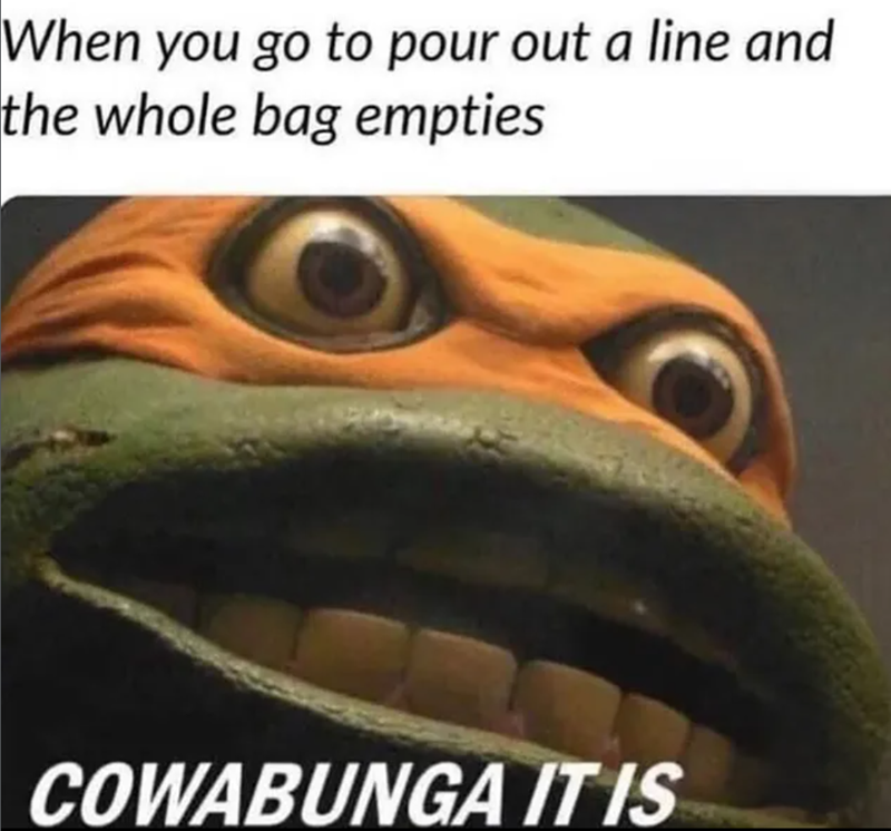 When you go to pour out a line and the whole bag empties COWABUNGA IT IS