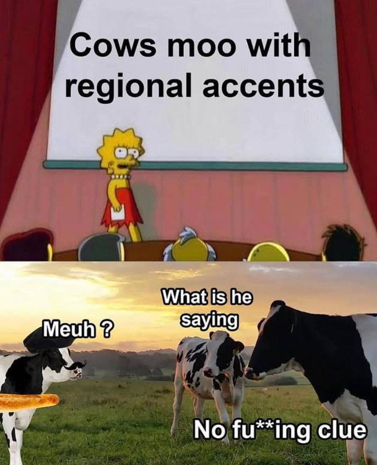 Cows moo with regional accents Meuh? What is he saying No fu**ing clue