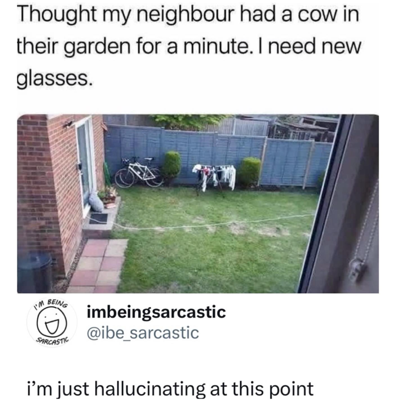 Thought my neighbour had a cow in their garden for a minute. I need new glasses. I'M BEING SARCASTIC imbeingsarcastic @ibe_sarcastic i'm just hallucinating at this point