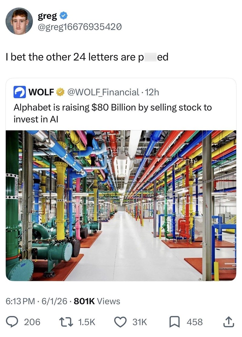greg✪ @greg16676935420 I bet the other 24 letters are p ed WOLF @WOLF Financial - 12h Alphabet is raising $80 Billion by selling stock to invest in Al 6:13 PM 6/1/26 801K Views . 206 17 1.5K 31K ☐ 458