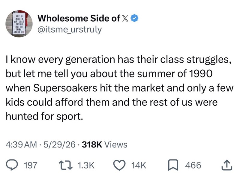 ARE U HEALED AR JUST TRYING NOT TO THINK ABOUT IT? Wholesome Side of X @itsme_urstruly I know every generation has their class struggles, but let me tell you about the summer of 1990 when Supersoakers hit the market and only a few kids could afford them and the rest of us were hunted for sport. 4:39 AM 5/29/26 318K Views 197 1 1.3K 14K 466 ↑