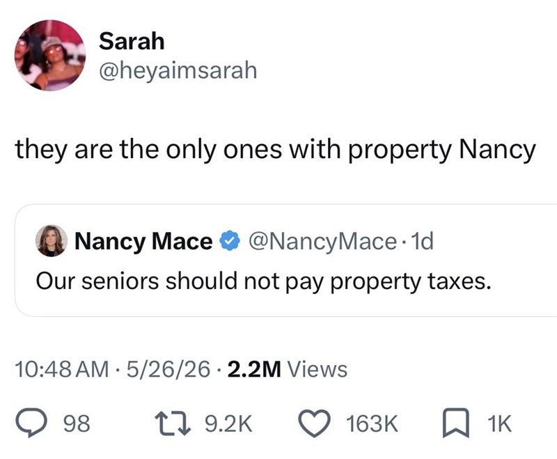 Sarah @heyaimsarah they are the only ones with property Nancy Nancy Mace @NancyMace. 1d Our seniors should not pay property taxes. 10:48 AM 5/26/26 2.2M Views 98 19.2K 163K 1K