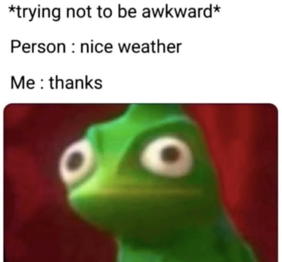 *trying not to be awkward* Person: nice weather Me: thanks