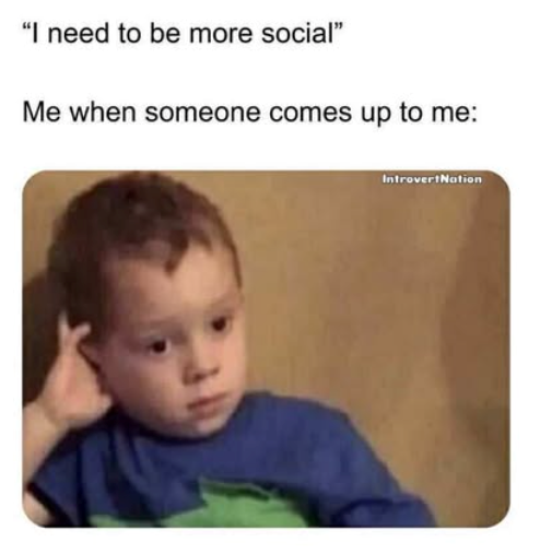 "I need to be more social" Me when someone comes up to me: IntrovertNation