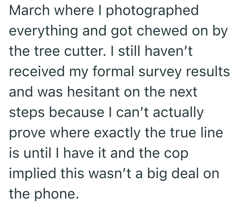 March where I photographed everything and got chewed on by the tree cutter. I still haven't received my formal survey results and was hesitant on the next steps because I can't actually prove where exactly the true line is until I have it and the cop implied this wasn't a big deal on the phone.