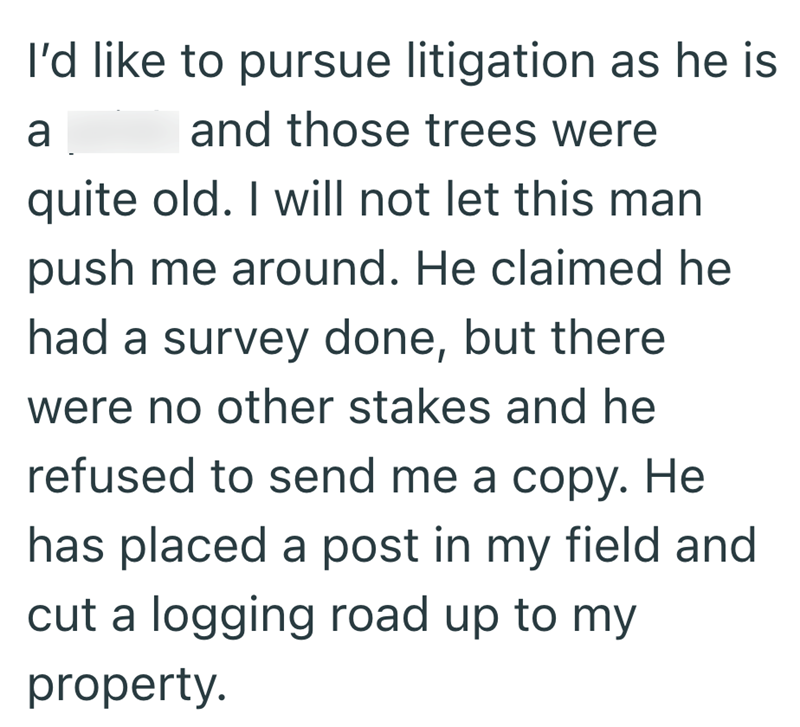 I'd like to pursue litigation as he is a and those trees were quite old. I will not let this man push me around. He claimed he had a survey done, but there were no other stakes and he refused to send me a copy. He has placed a post in my field and cut a logging road up to my property.