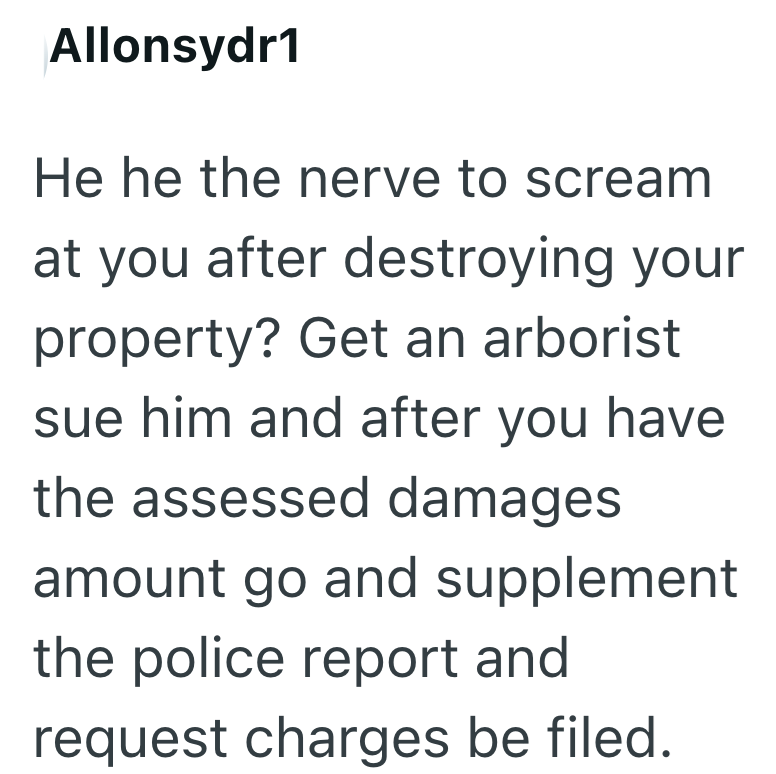 Allonsydr1 He he the nerve to scream at you after destroying your property? Get an arborist sue him and after you have the assessed damages amount go and supplement the police report and request charges be filed.