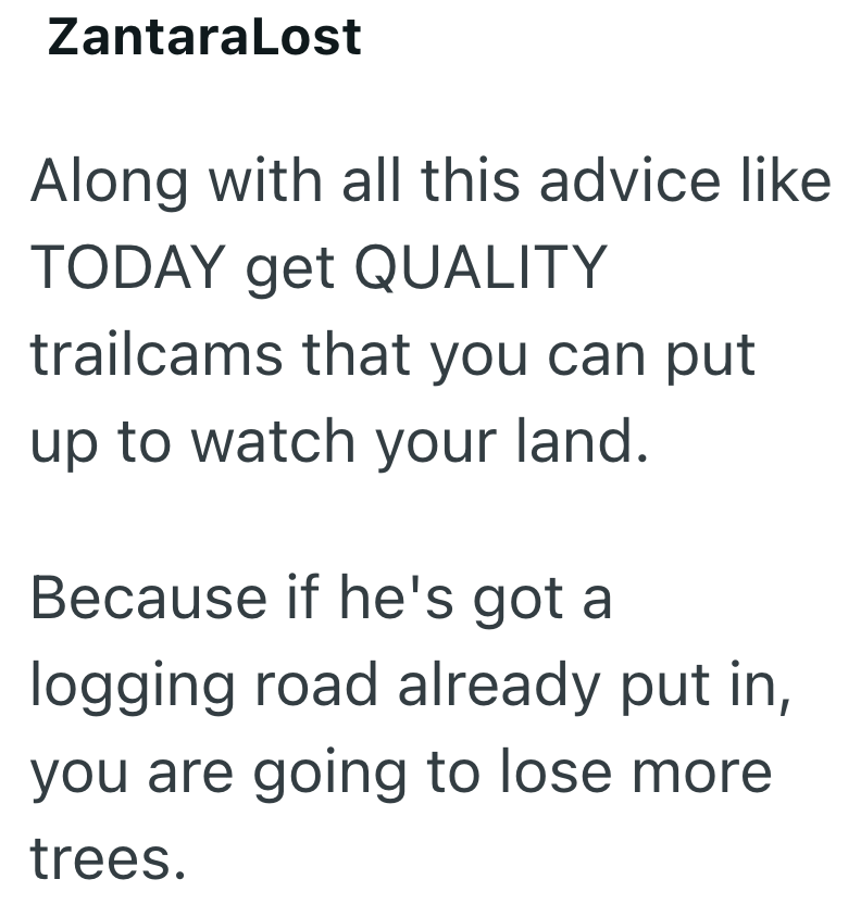 ZantaraLost Along with all this advice like TODAY get QUALITY trailcams that you can put up to watch your land. Because if he's got a logging road already put in, you are going to lose more trees.
