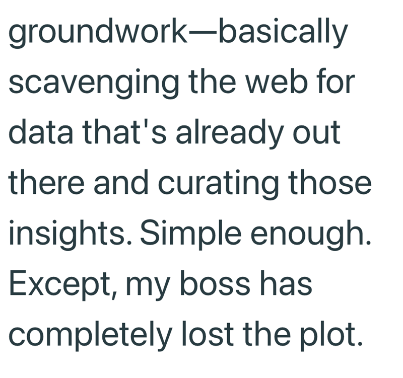 groundwork-basically scavenging the web for data that's already out there and curating those insights. Simple enough. Except, my boss has completely lost the plot.