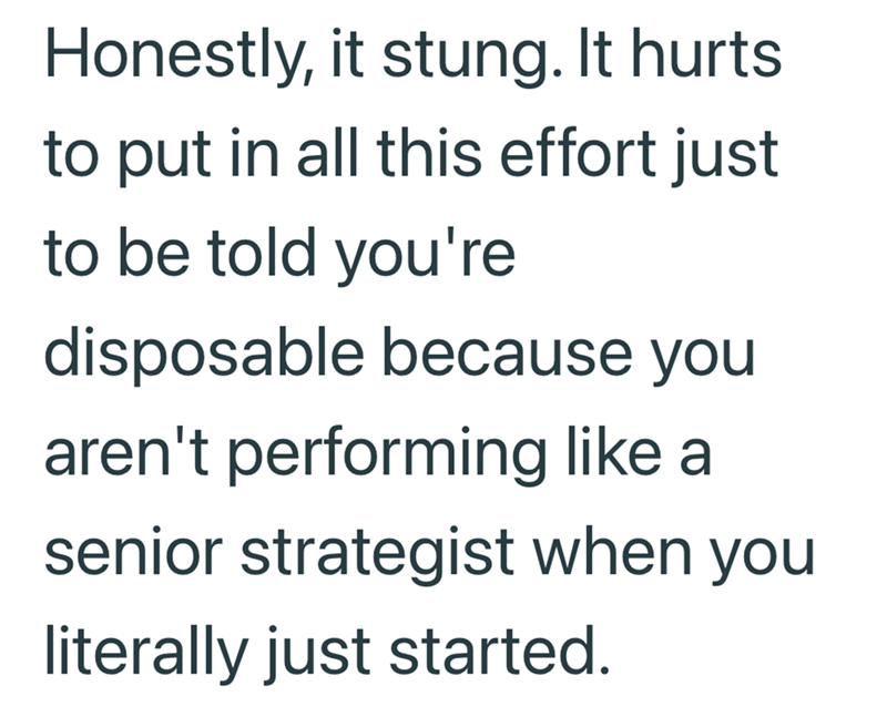 Honestly, it stung. It hurts to put in all this effort just to be told you're disposable because you aren't performing like a senior strategist when you literally just started.