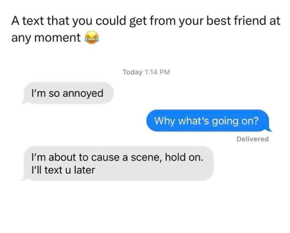 A text that you could get from your best friend at any moment Today 1:14 PM I'm so annoyed Why what's going on? Delivered I'm about to cause a scene, hold on. I'll text u later