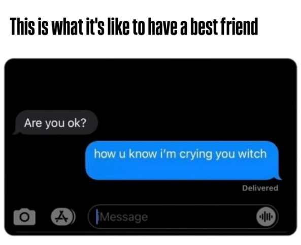 This is what it's like to have a best friend Are you ok? how u know i'm crying you witch A Message Delivered •