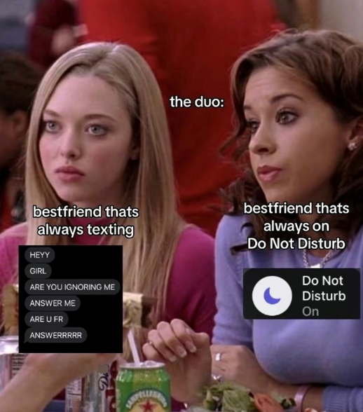 the duo: bestfriend thats always texting HEYY GIRL ARE YOU IGNORING ME ANSWER ME ARE U FR ANSWERRRRR bestfriend thats always on Do Not Disturb Do Not Disturb On Di