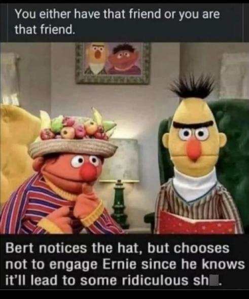 You either have that friend or you are that friend. Bert notices the hat, but chooses not to engage Ernie since he knows it'll lead to some ridiculous sh.