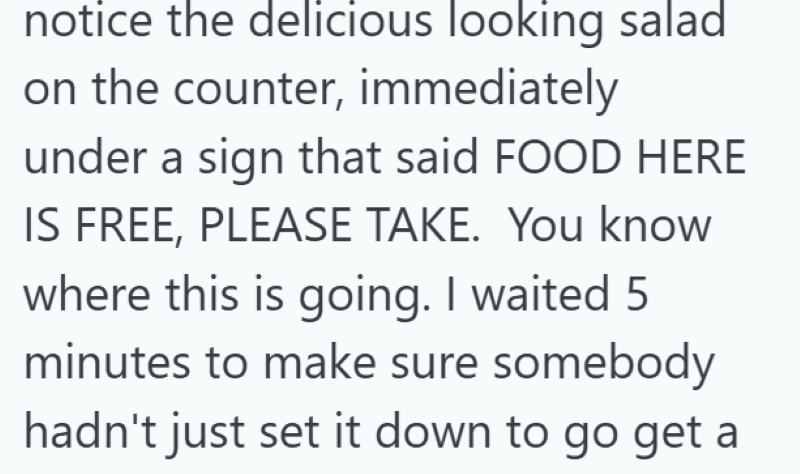 notice the delicious looking salad on the counter, immediately under a sign that said FOOD HERE IS FREE, PLEASE TAKE. You know where this is going. I waited 5 minutes to make sure somebody hadn't just set it down to go get a