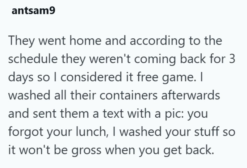 antsam9 They went home and according to the schedule they weren't coming back for 3 days so I considered it free game. I washed all their containers afterwards and sent them a text with a pic: you forgot your lunch, I washed your stuff so it won't be gross when you get back.