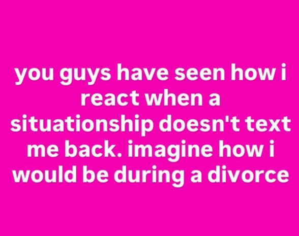 you guys have seen how i react when a situationship doesn't text me back. imagine how i would be during a divorce