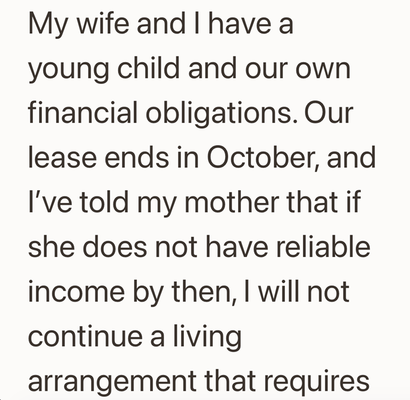 My wife and I have a young child and our own financial obligations. Our lease ends in October, and I've told my mother that if she does not have reliable income by then, I will not continue a living arrangement that requires