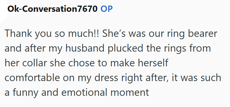 Ok-Conversation 7670 OP Thank you so much!! She's was our ring bearer and after my husband plucked the rings from her collar she chose to make herself comfortable on my dress right after, it was such a funny and emotional moment