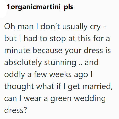 1organicmartini_pls Oh man I don't usually cry - but I had to stop at this for a minute because your dress is absolutely stunning .. and oddly a few weeks ago | thought what if I get married, can I wear a green wedding dress?