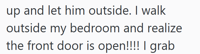 up and let him outside. I walk outside my bedroom and realize the front door is open!!!! I grab